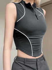 Piping Detail Half Zip Cropped Tank Top Tops&Tees