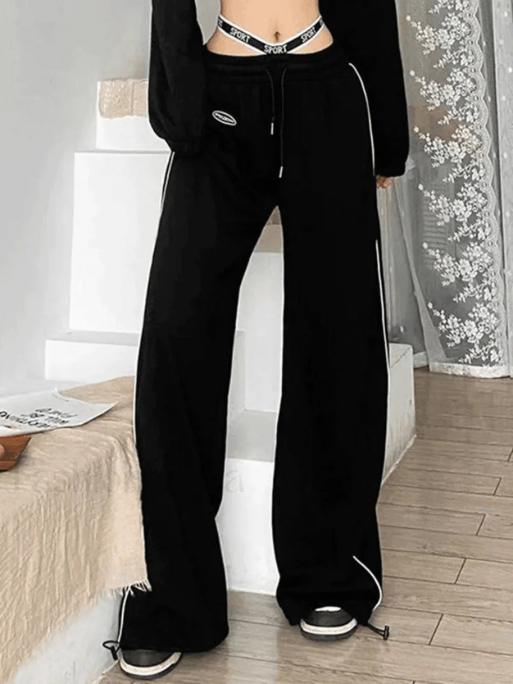 Piping Detail Strappy Waist Baggy Sweatpants Pants