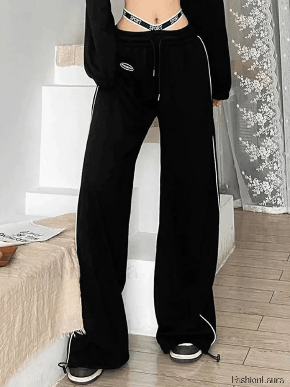 Piping Detail Strappy Waist Baggy Sweatpants Pants