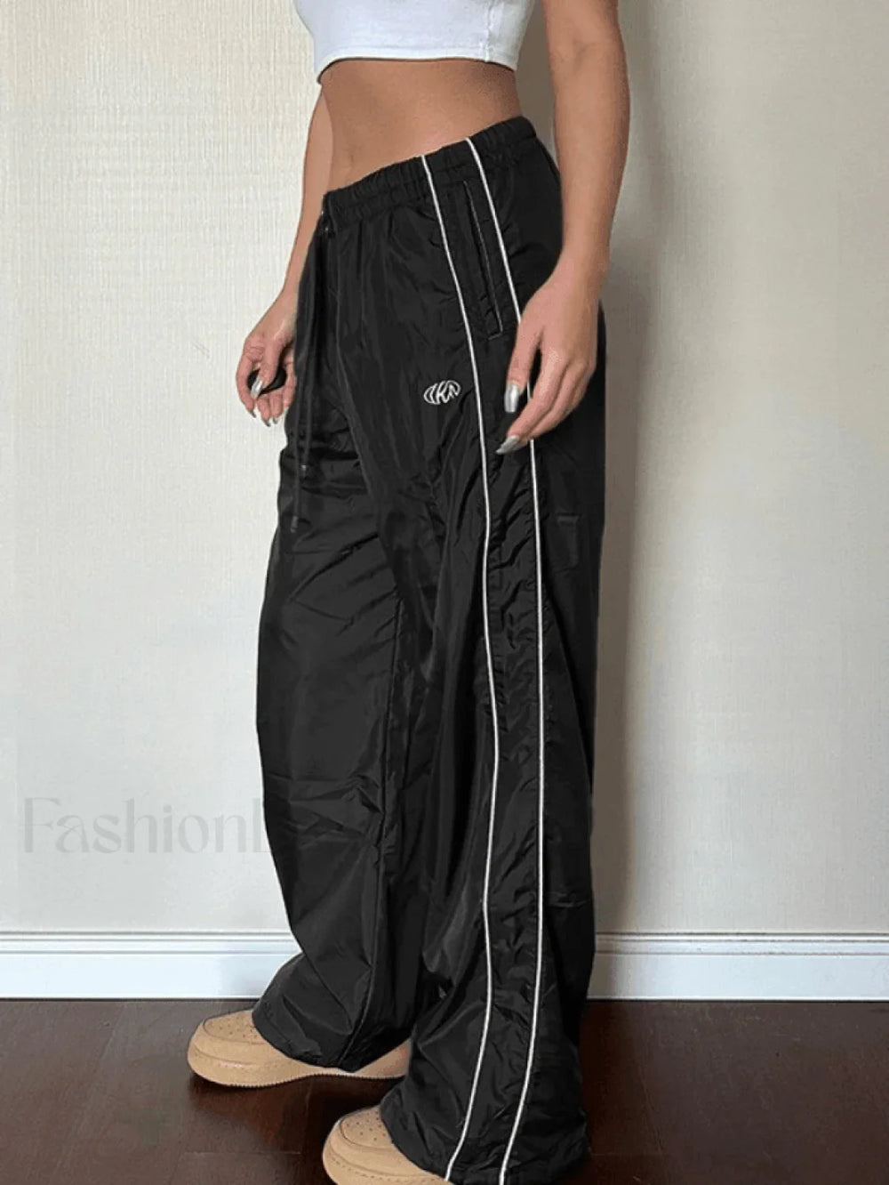 Piping Detail Wide Leg Parachute Pants Pants