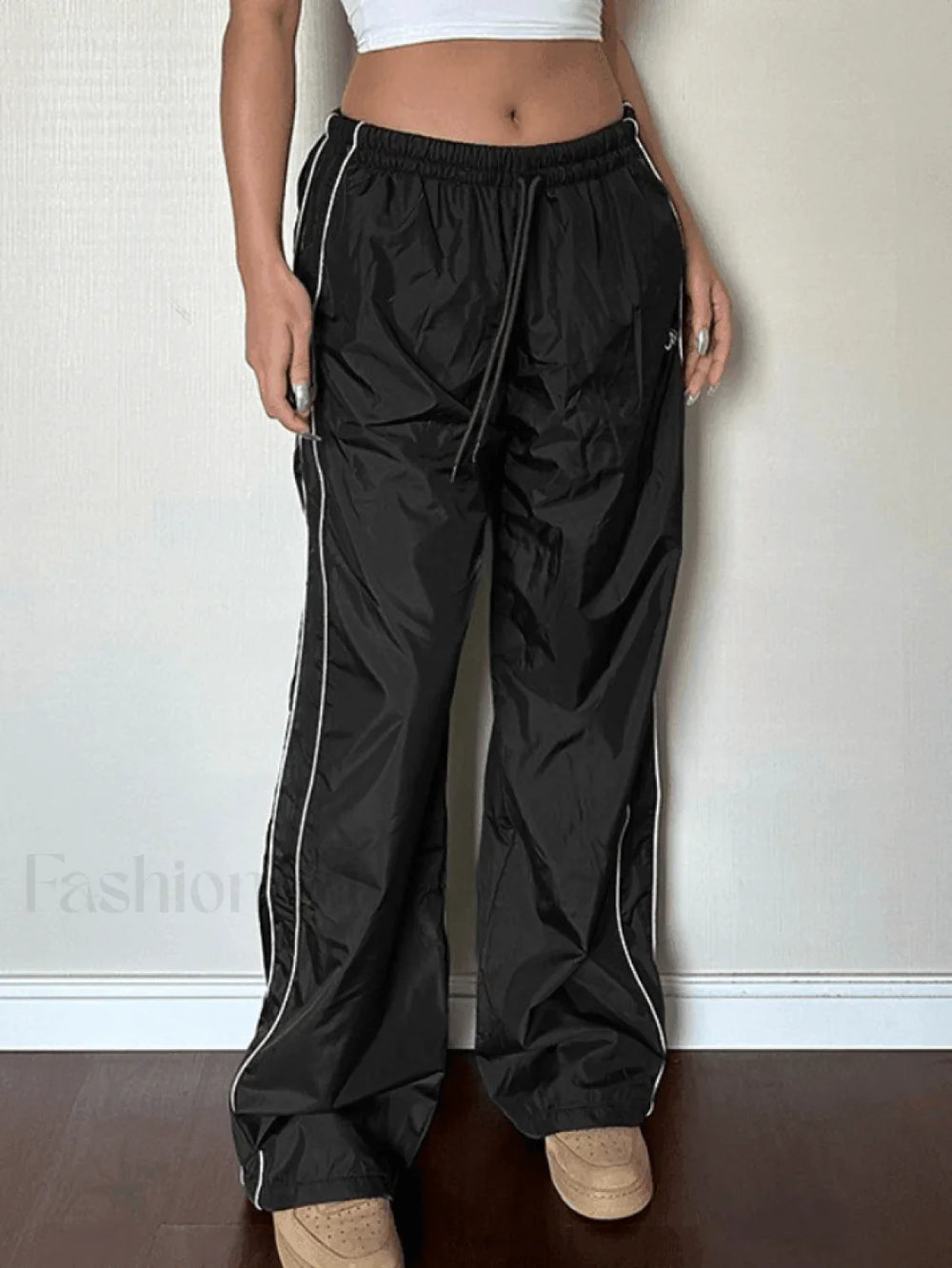 Piping Detail Wide Leg Parachute Pants Black / S Pants