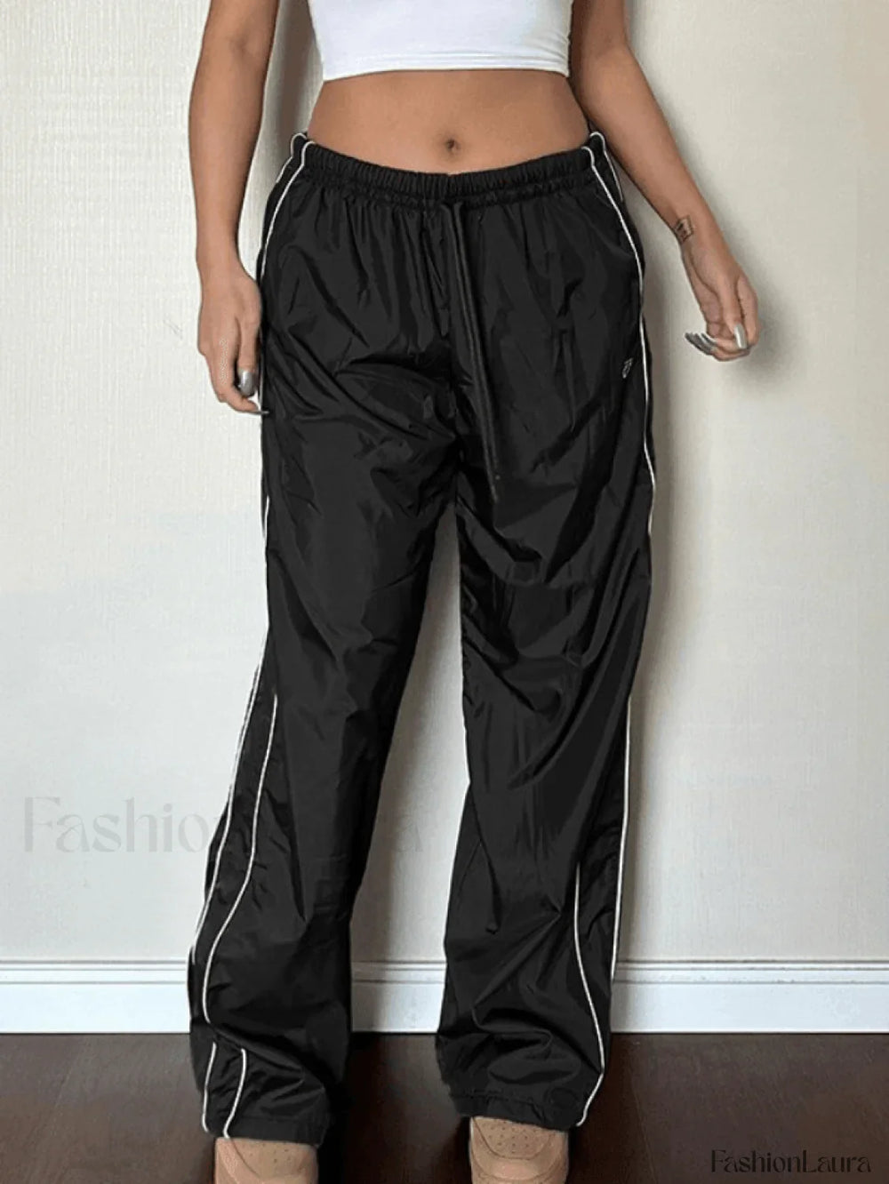 Piping Detail Wide Leg Parachute Pants Pants
