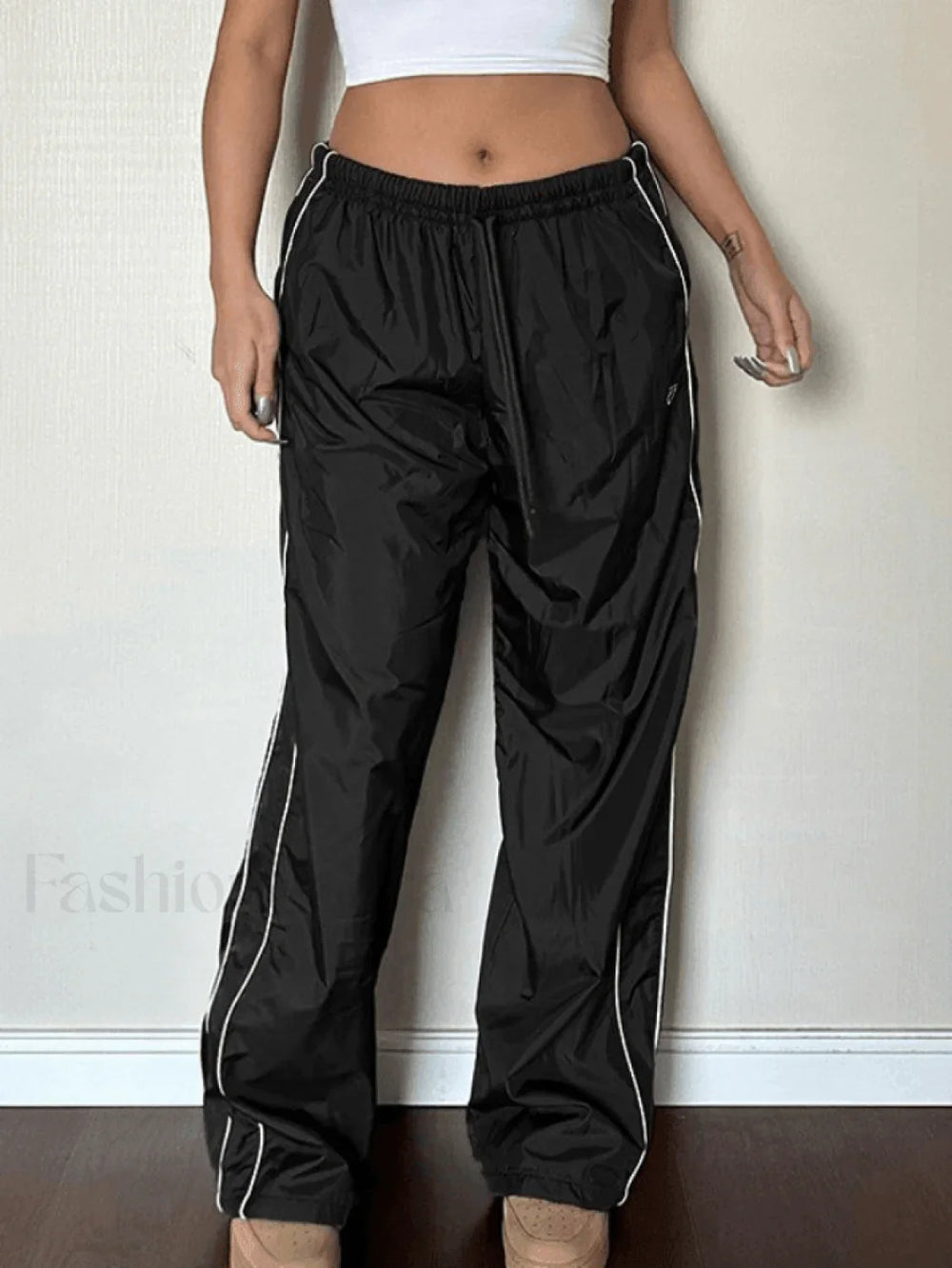 Piping Detail Wide Leg Parachute Pants Pants