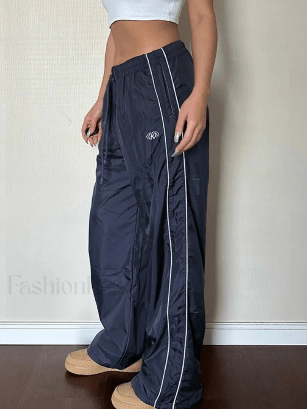 Piping Detail Wide Leg Parachute Pants Pants
