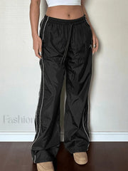 Piping Detail Wide Leg Parachute Pants Black / S Pants