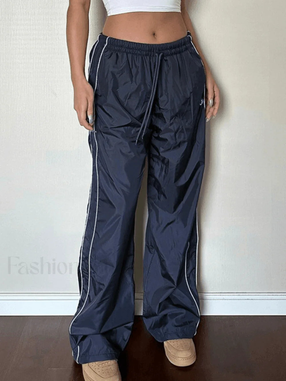 Piping Detail Wide Leg Parachute Pants Blue / S Pants