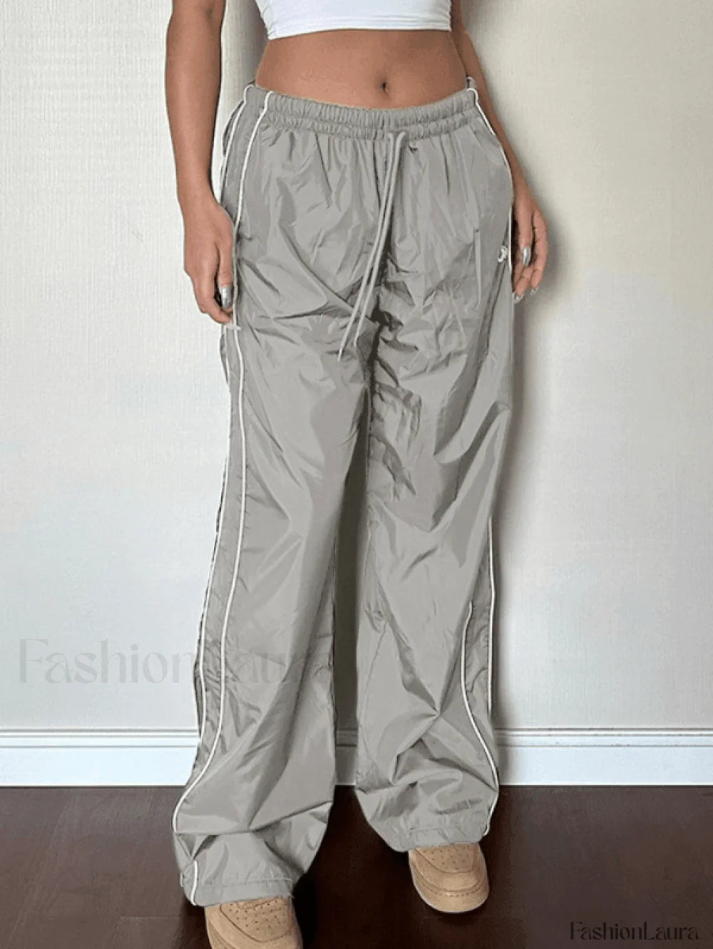 Piping Detail Wide Leg Parachute Pants Gray / S Pants
