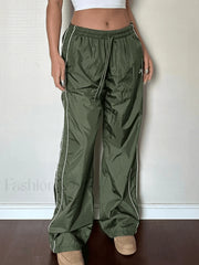 Piping Detail Wide Leg Parachute Pants Green / S Pants