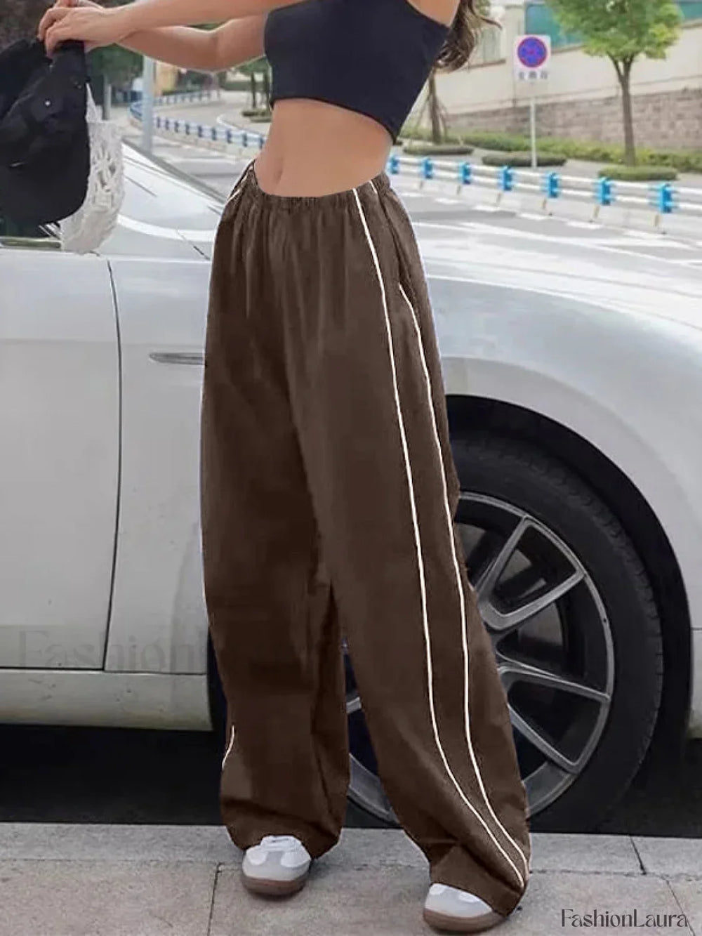 Piping Detail Wide Leg Track Pants Wide Leg Pants