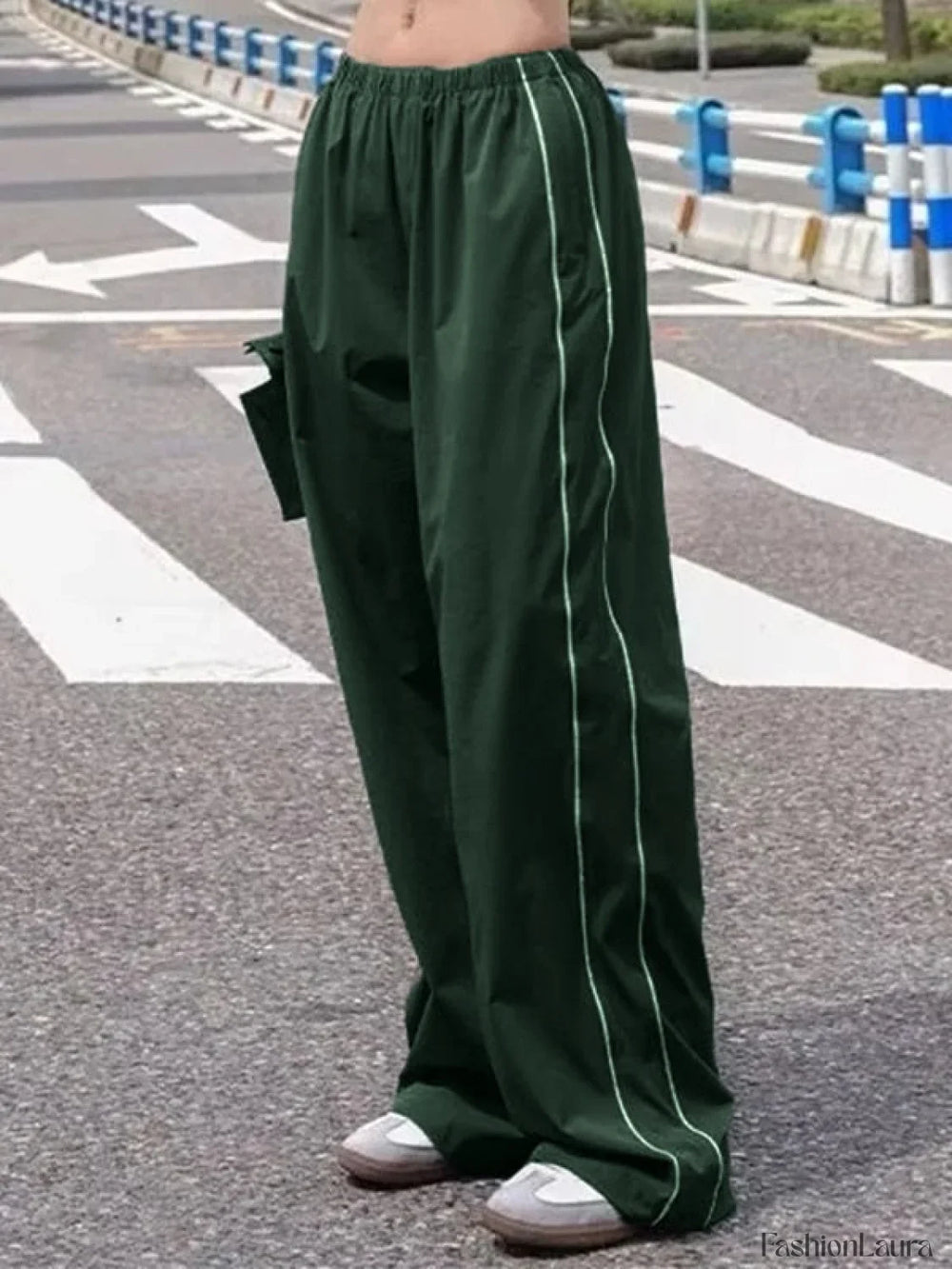 Piping Detail Wide Leg Track Pants Chive / XL Wide Leg Pants