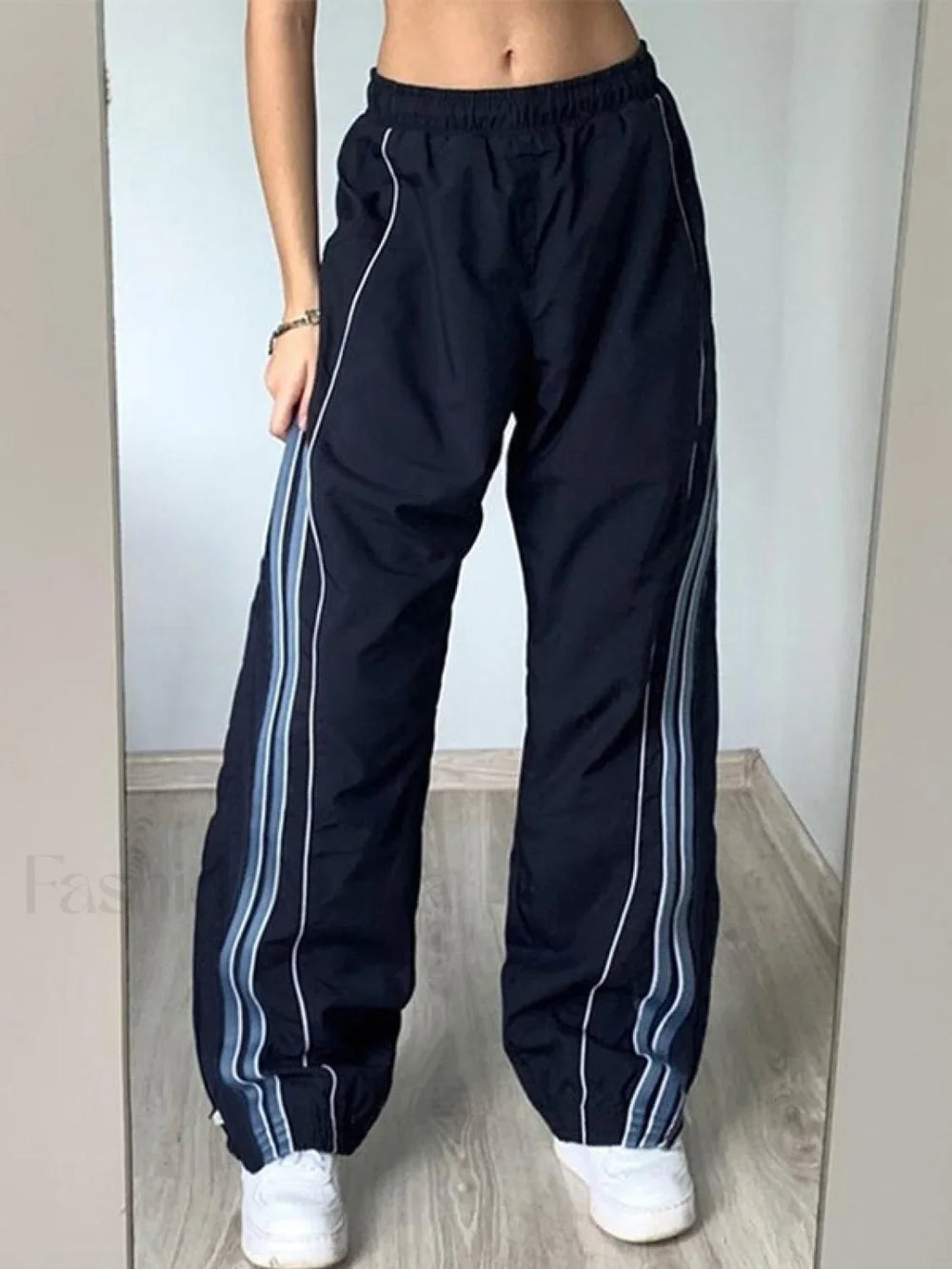 Piping Detail Wide Leg Track Pants Navy Blue 1 / S Wide Leg Pants