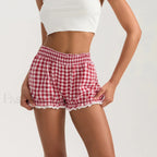 Plaid Bloomers Mid Elasticband Lace Trim Streetwear Lounge Short