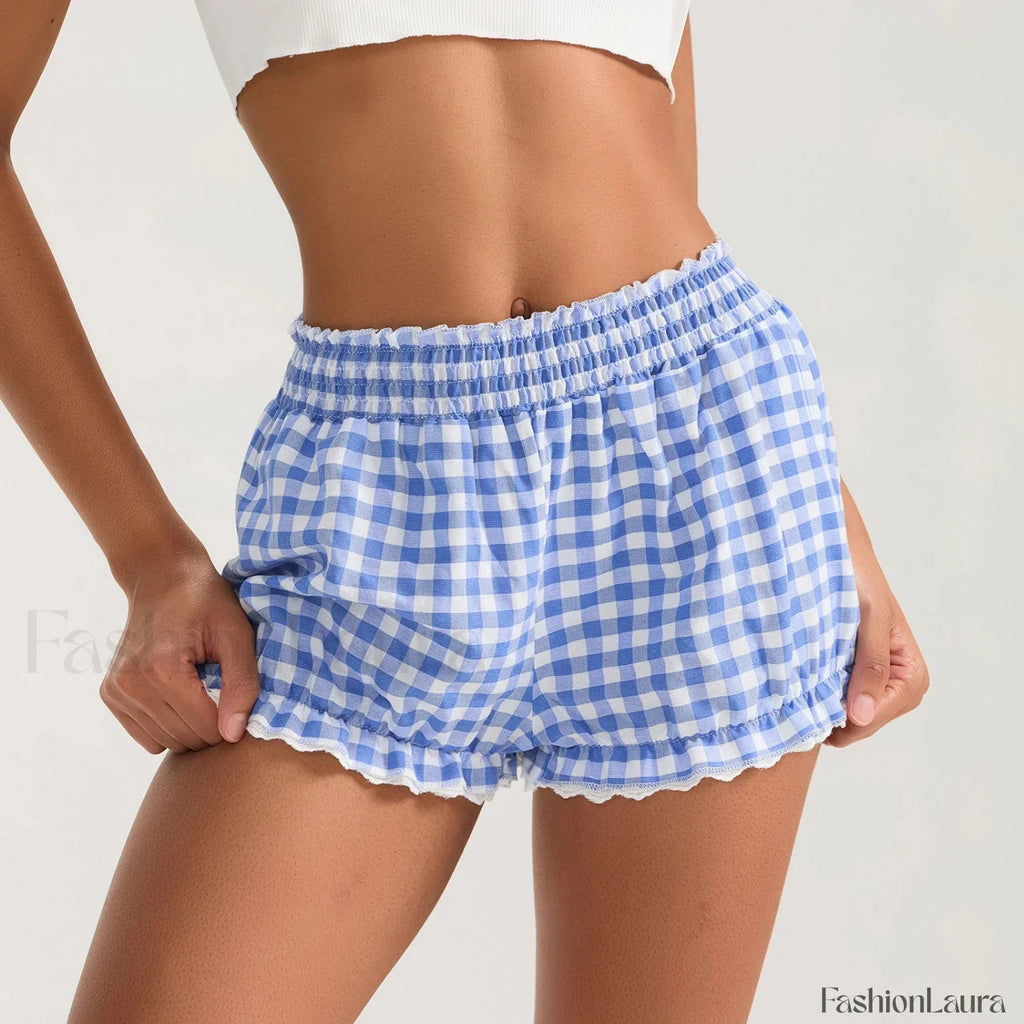 Plaid Bloomers Mid Elasticband Lace Trim Streetwear Lounge Short blue / S