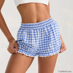Plaid Bloomers Mid Elasticband Lace Trim Streetwear Lounge Short blue / S
