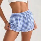 Plaid Bloomers Mid Elasticband Lace Trim Streetwear Lounge Short blue / S