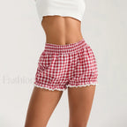 Plaid Bloomers Mid Elasticband Lace Trim Streetwear Lounge Short red / S
