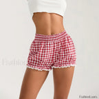 Plaid Bloomers Mid Elasticband Lace Trim Streetwear Lounge Short red / S