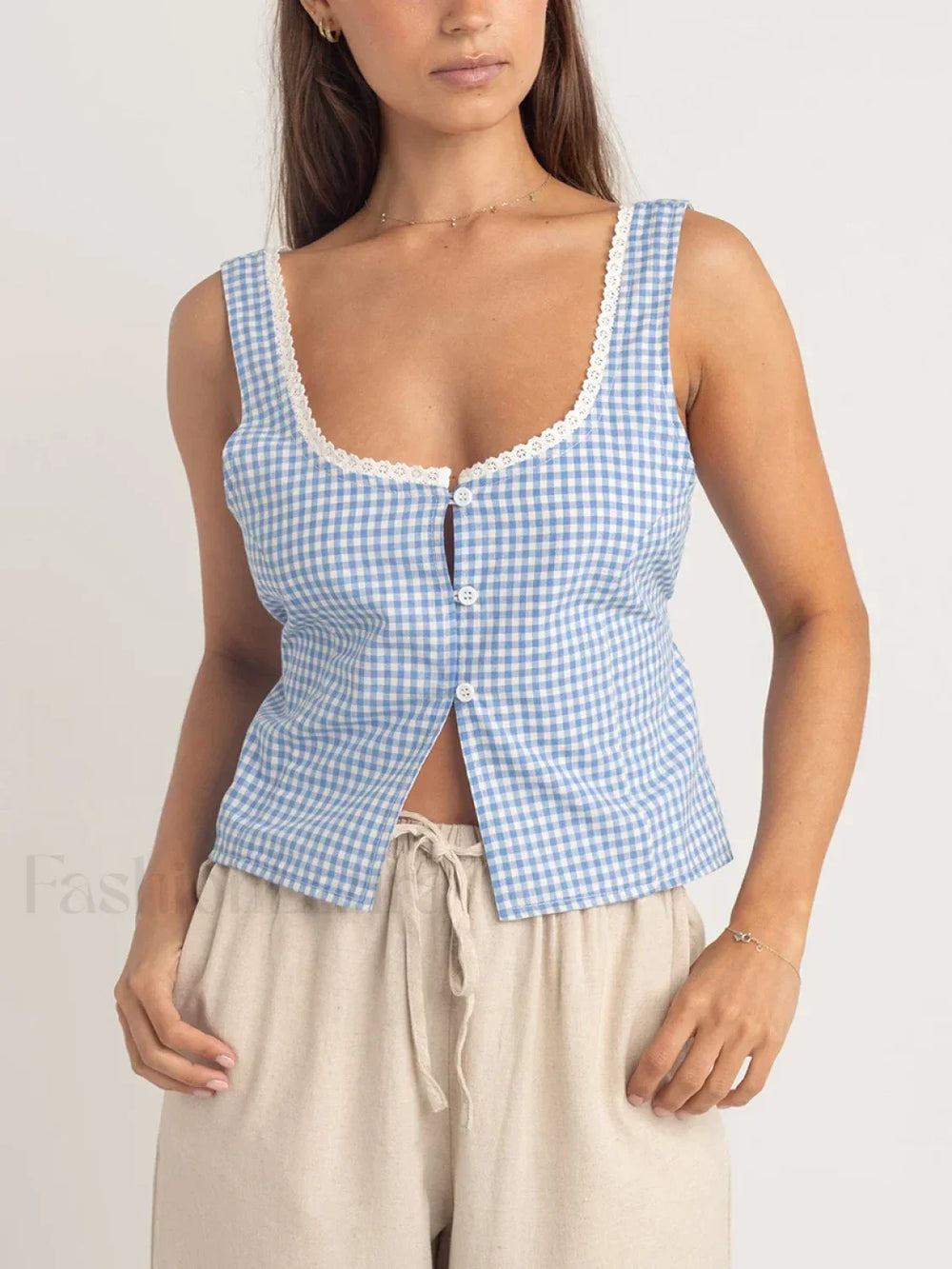 Plaid Button Up Scoop Crop Top Blue / S
