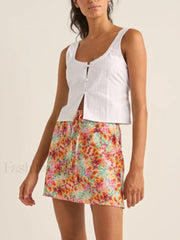 Plaid Button Up Scoop Crop Top WHITE / S