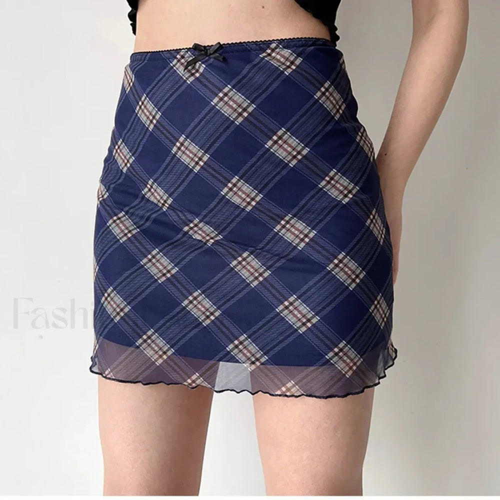 Plaid Double Layer Mesh Y2K Skirt BLUE / S