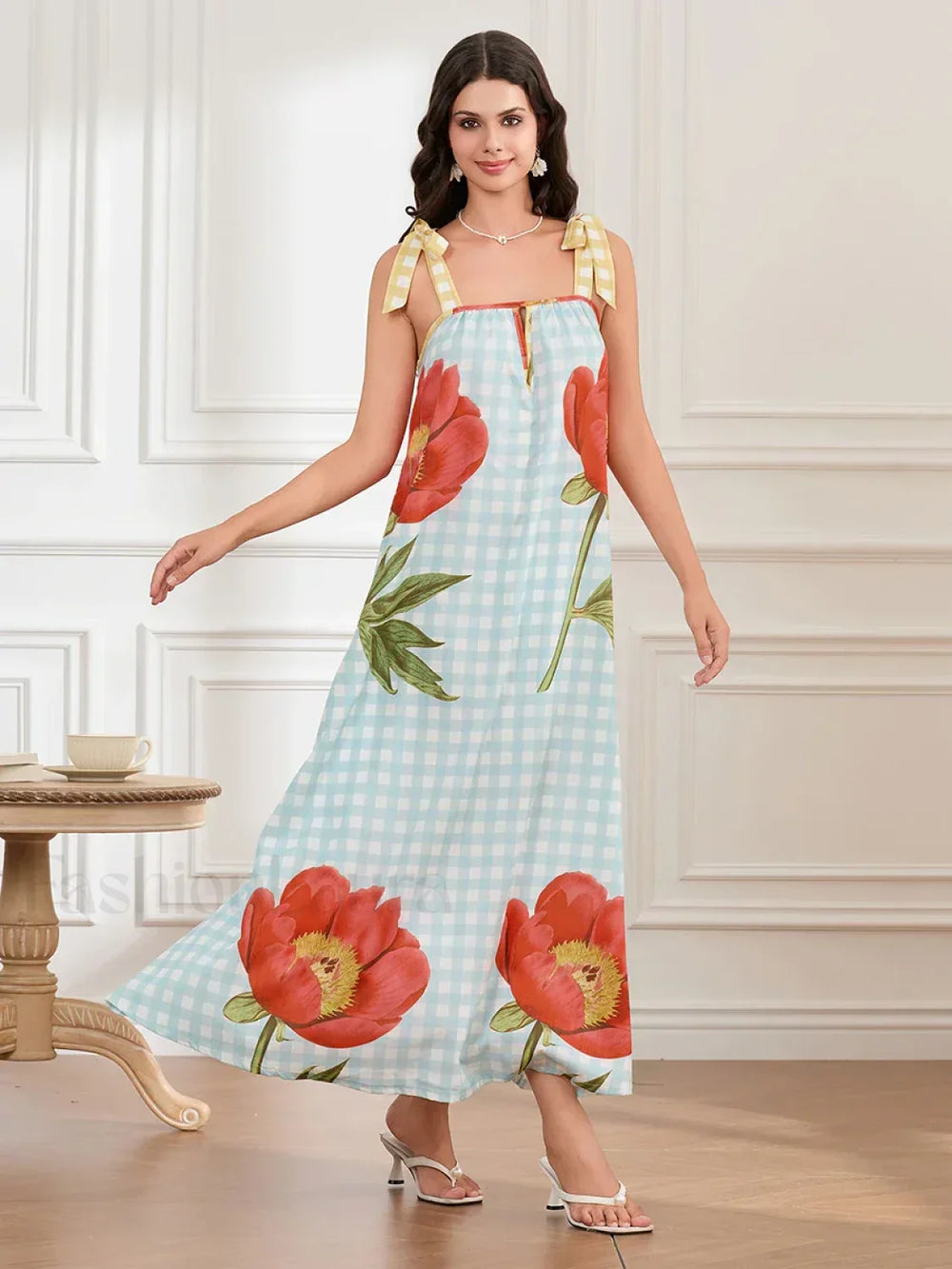 Plaid Flower Loose Tank Maxi Dress