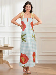 Plaid Flower Loose Tank Maxi Dress