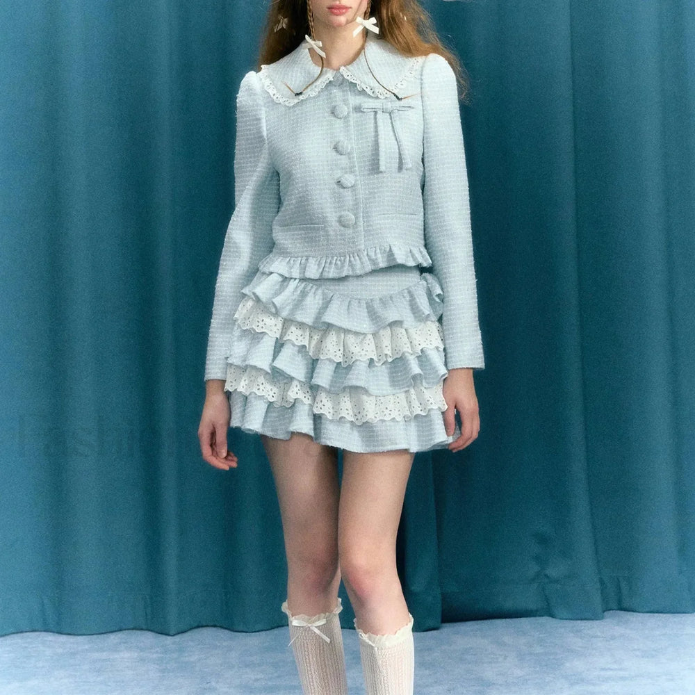 Plaid Lace Patchwork Skirt Blue / S