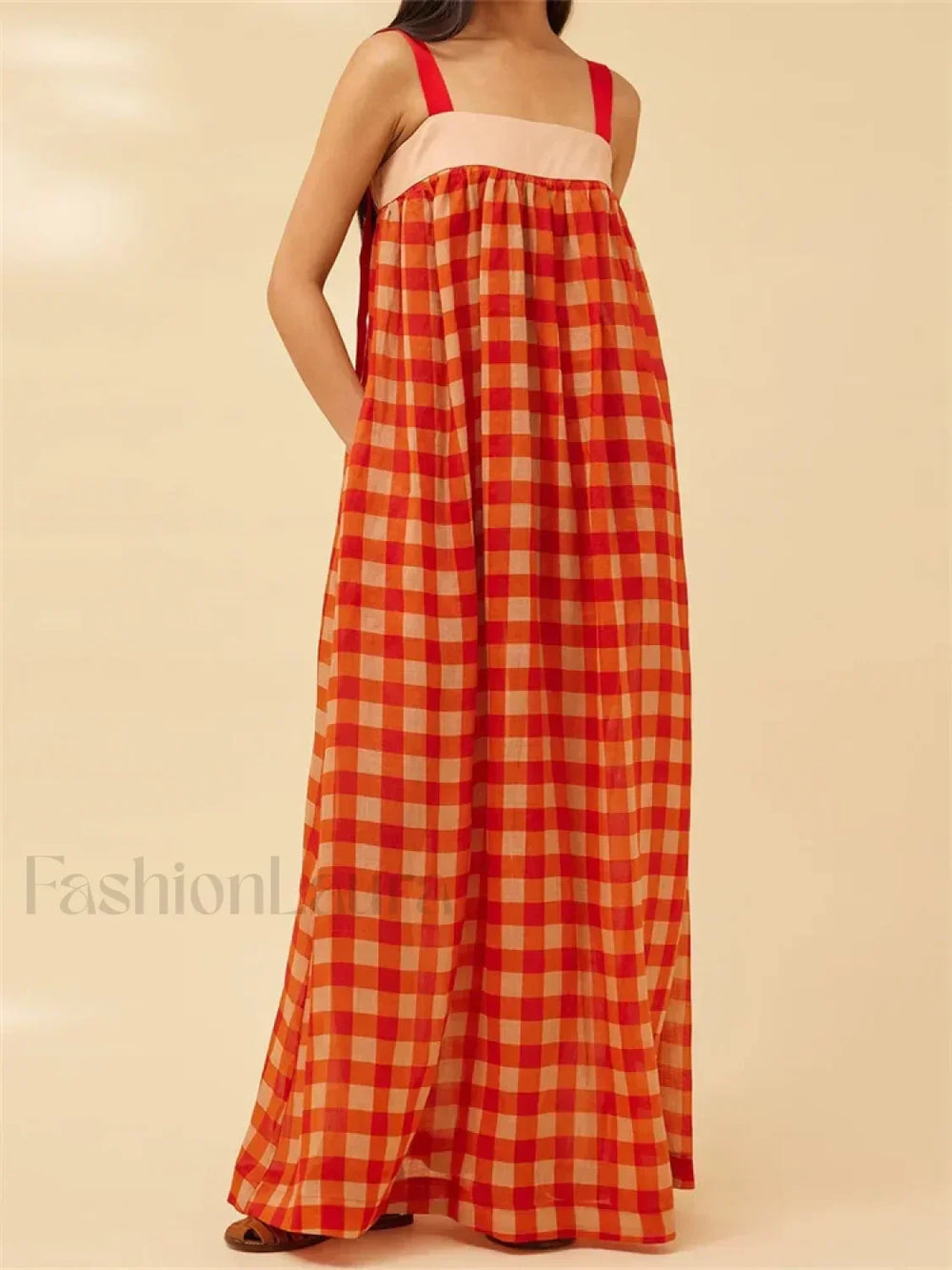 Plaid Patchwork Loose Maxi Dress red / S