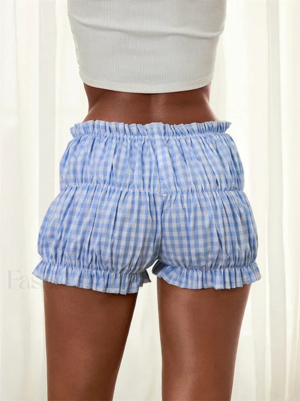 Plaid Print Loose Ruched Elastic Low Waist Casual Bloomers Short