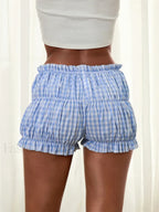 Plaid Print Loose Ruched Elastic Low Waist Casual Bloomers Short