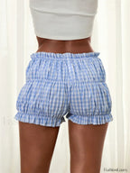 Plaid Print Loose Ruched Elastic Low Waist Casual Bloomers Short