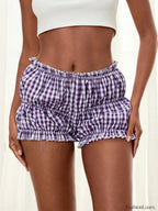 Plaid Print Loose Ruched Elastic Low Waist Casual Bloomers Short purple / S