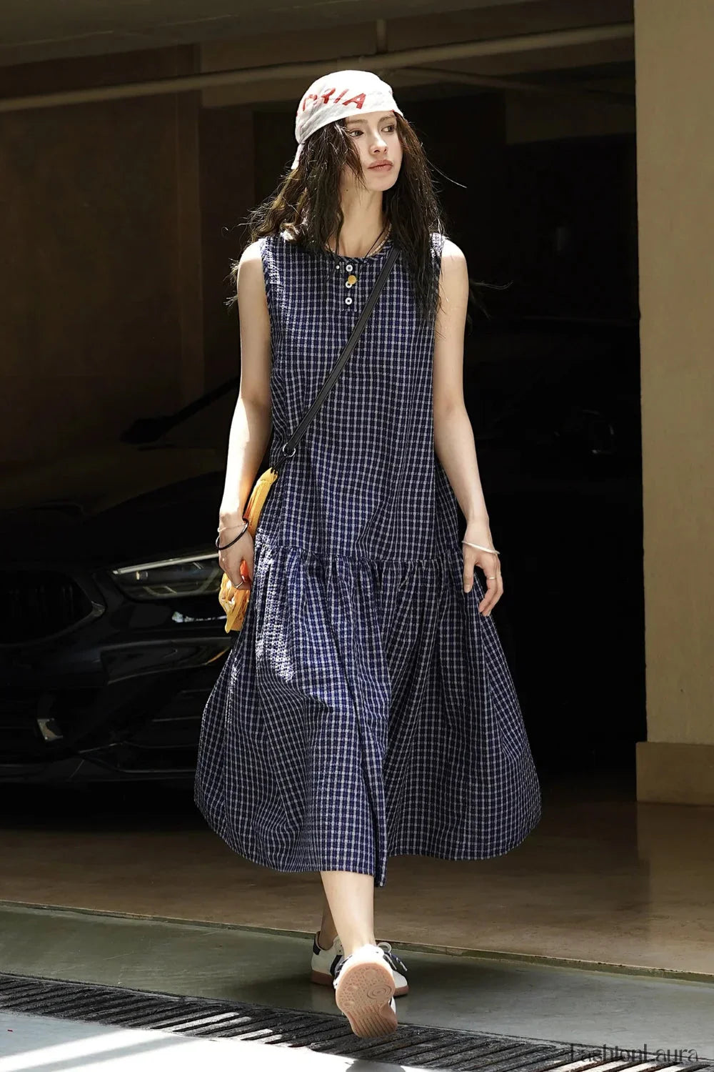 Plaid Sleeveless Loose Waist A Line Maxi Dress