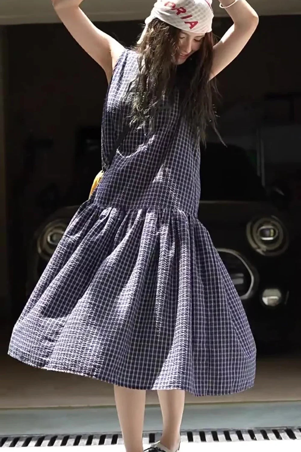 Plaid Sleeveless Loose Waist A Line Maxi Dress