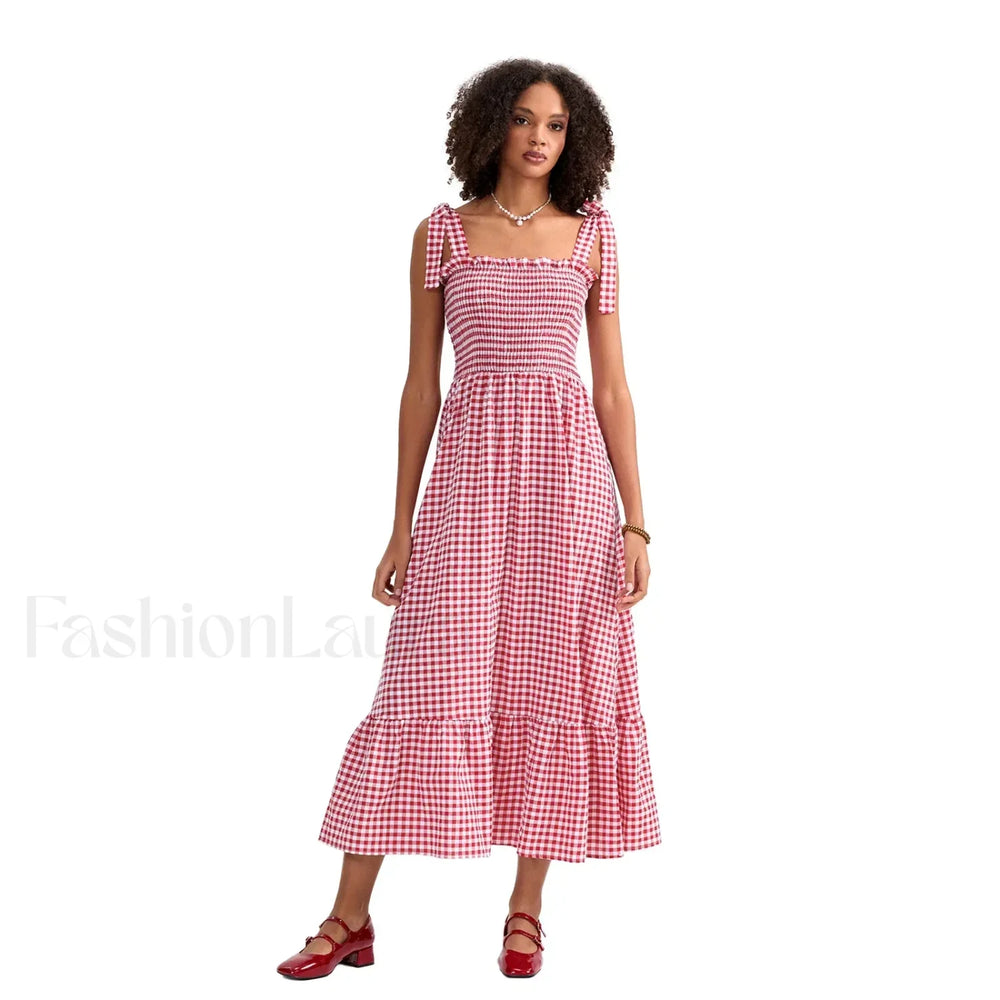 Plaid Tie Strap Swing Maxi Dress Red / S