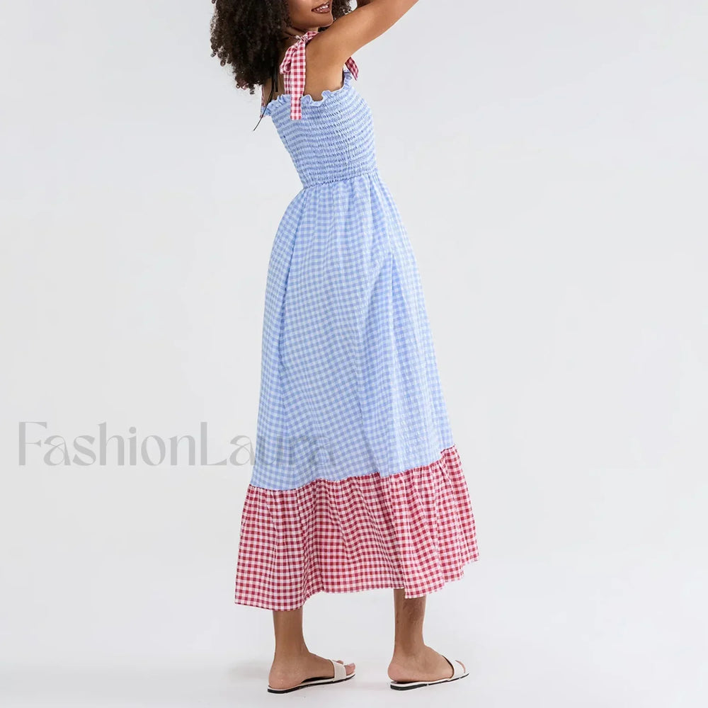 Plaid Tie Strap Swing Maxi Dress