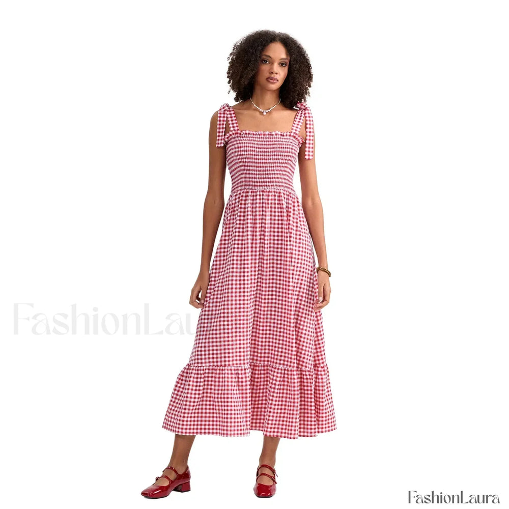 Plaid Tie Strap Swing Maxi Dress Red / S