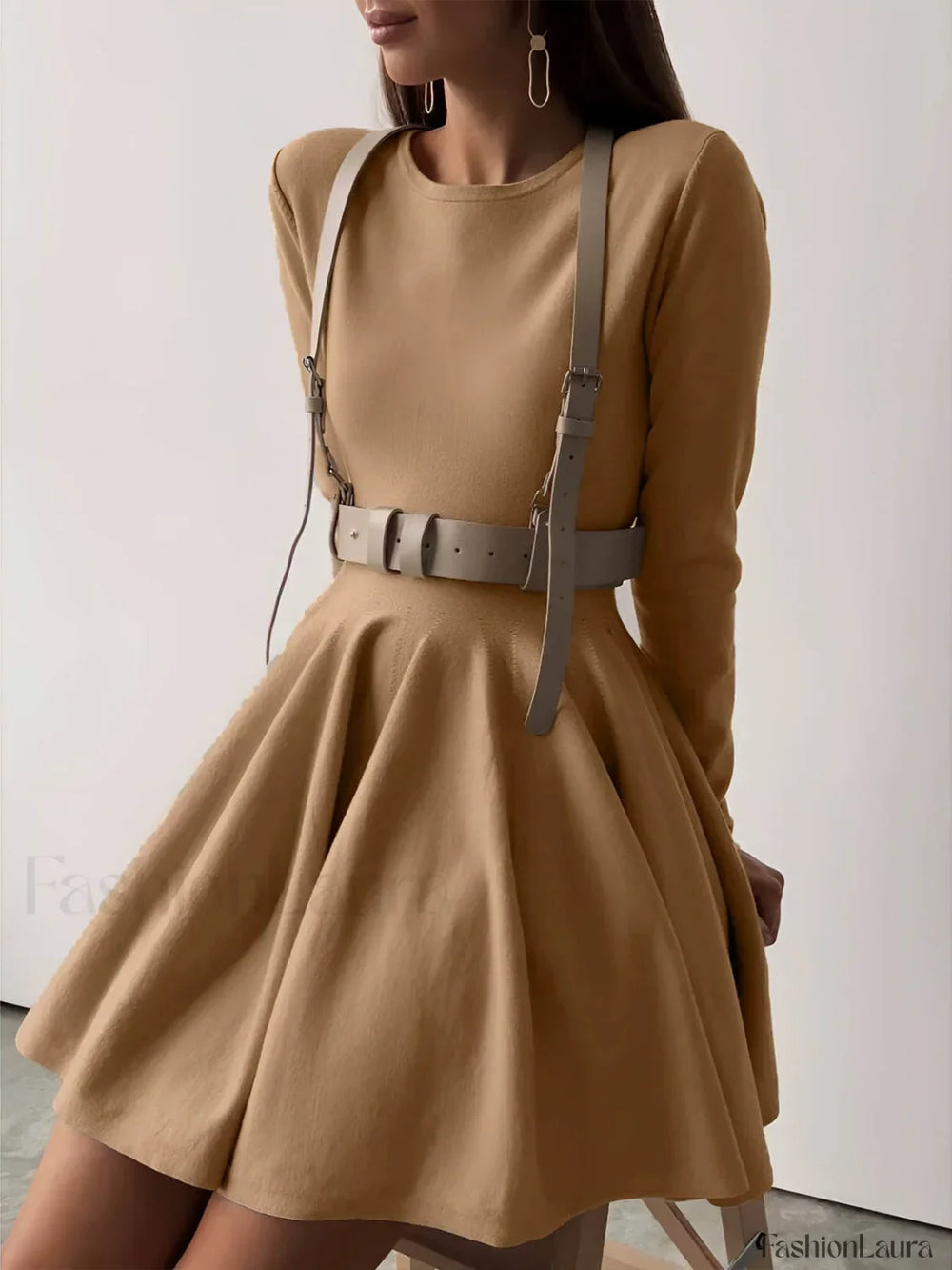 Plain Pleated Sweater Short Dress Camel / XS Sweater Dresses