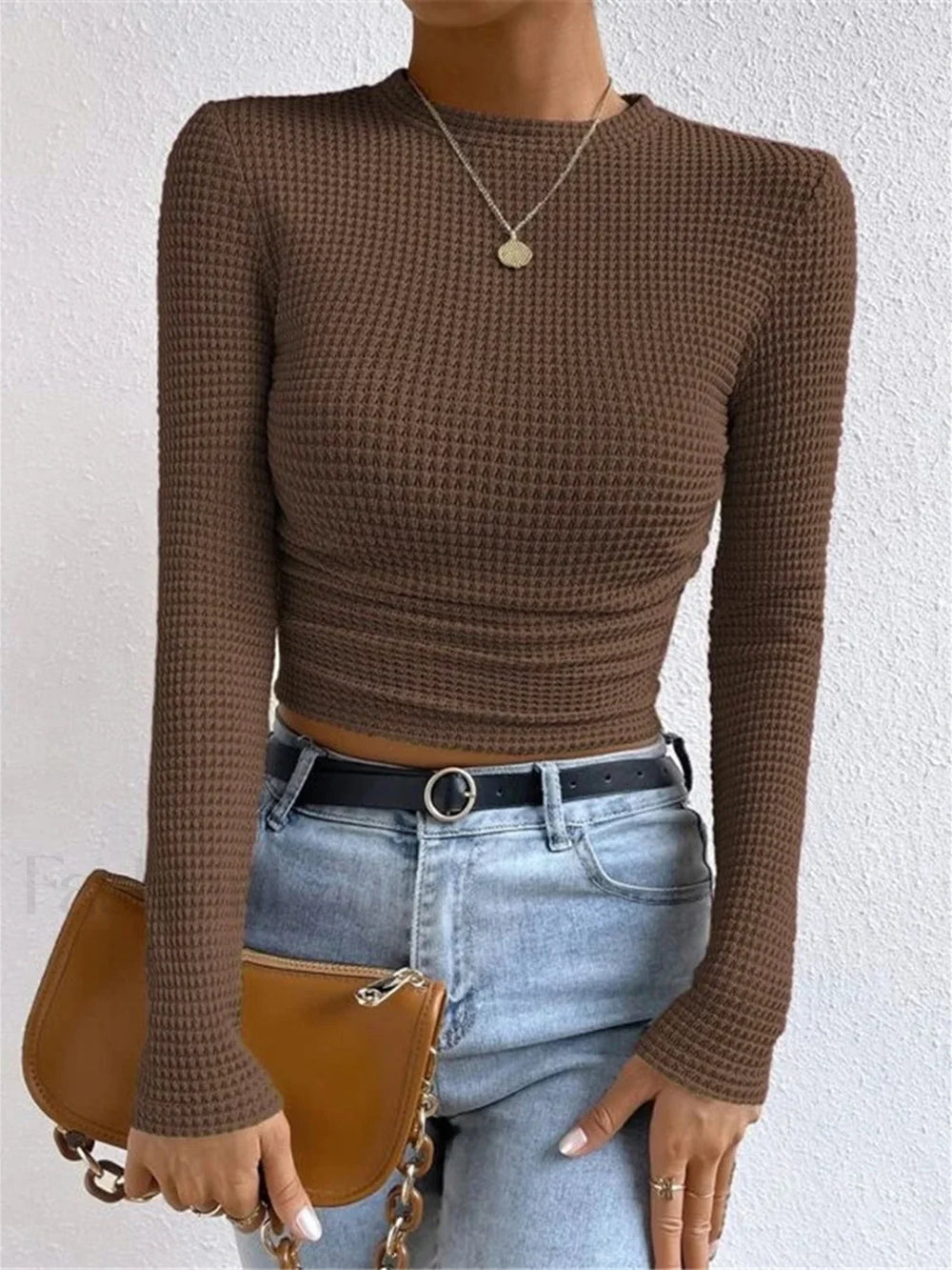 Plain Waffle Slim Sweater Light Brown / XS T Shirts