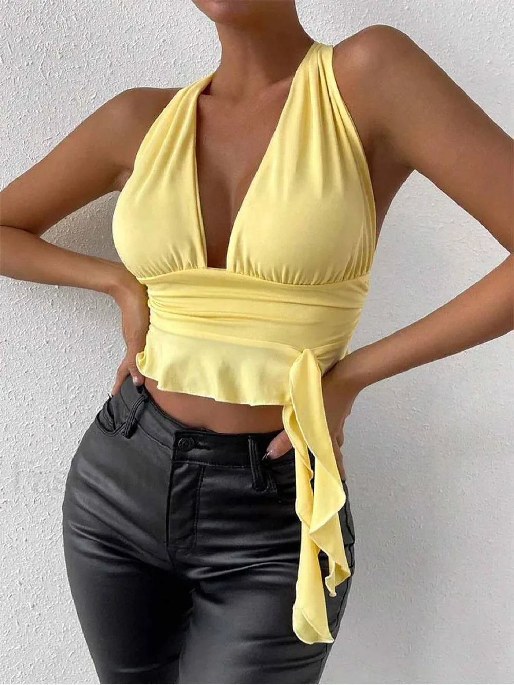 Pleated Deep V Neck Crop Top