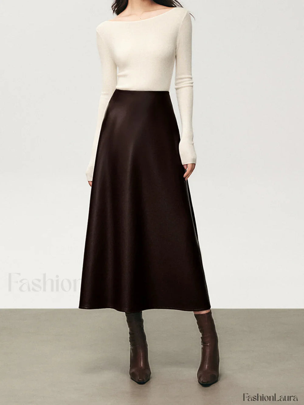 Pleated Faux Graceful Leather Midi Skirt Skirts
