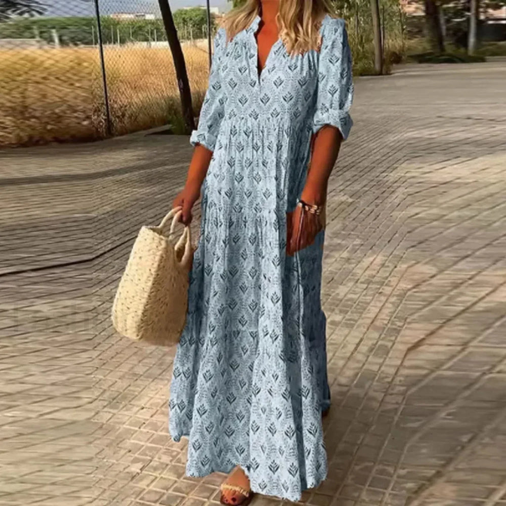 Pleated Floral Maxi Boho Dress 02 Blue / S