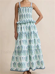 Pleated Floral Ruffle Strap Maxi Dress green / S
