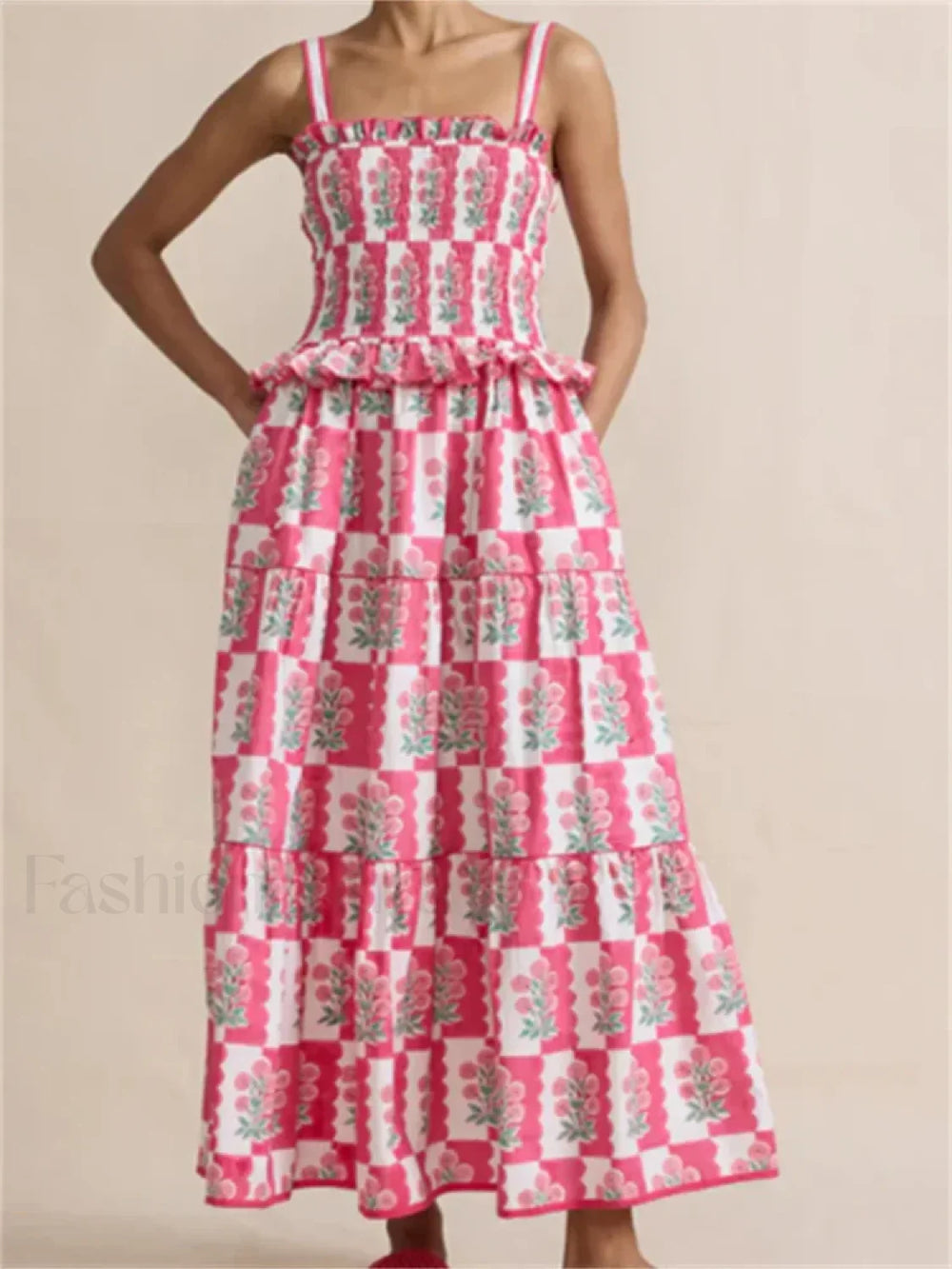 Pleated Floral Ruffle Strap Maxi Dress pink / S