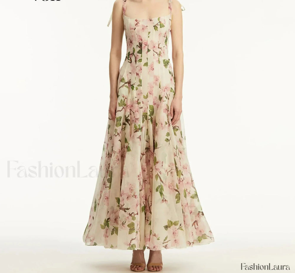 Pleated Floral Square Maxi Dress PINK / S