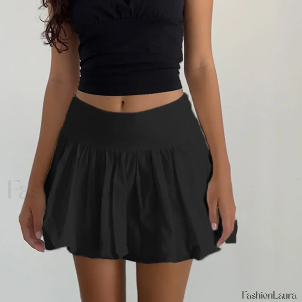 Pleated Lantern Ruffle Hem Skirt Black / S