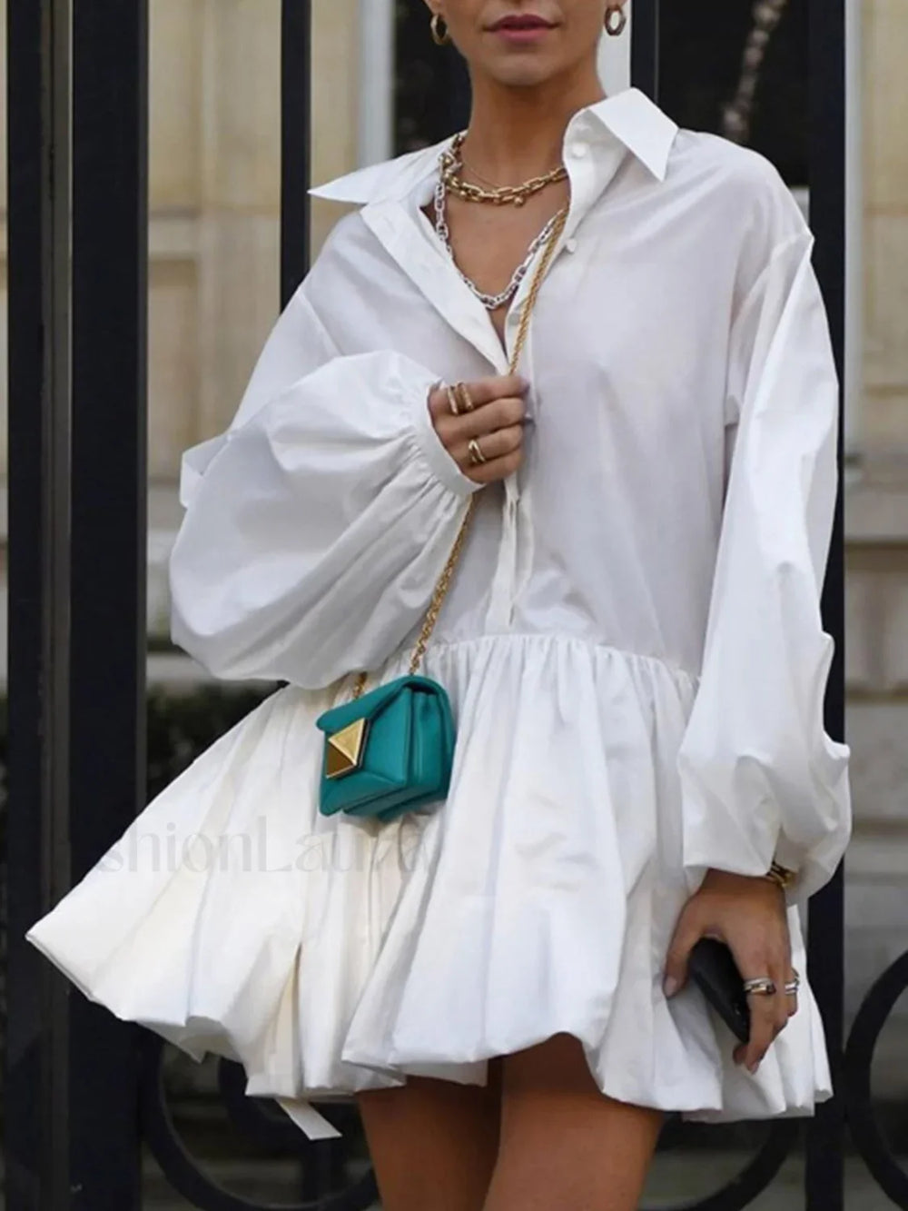 Pleated Long Sleeve Button Up Collar Mini Dress White / XS Dresses