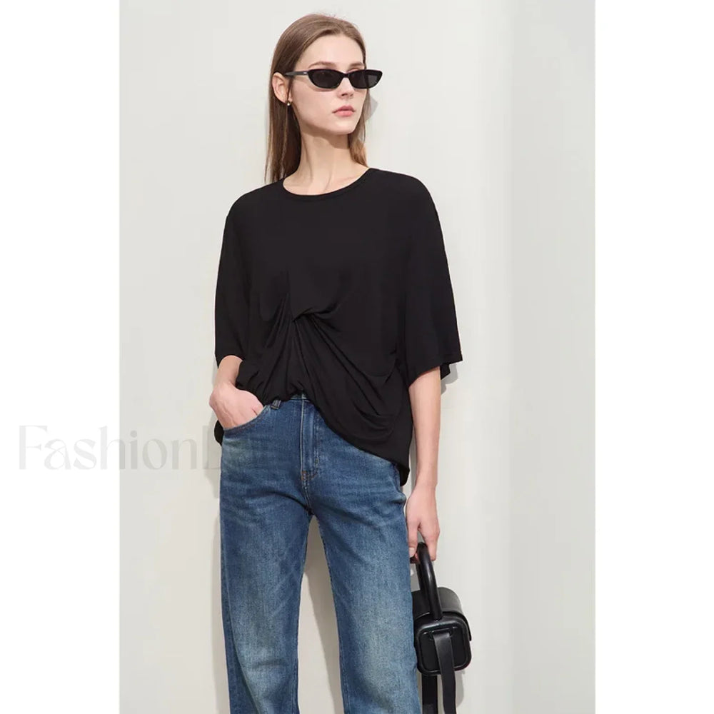 Pleated Mid Length T Shirt Black / S