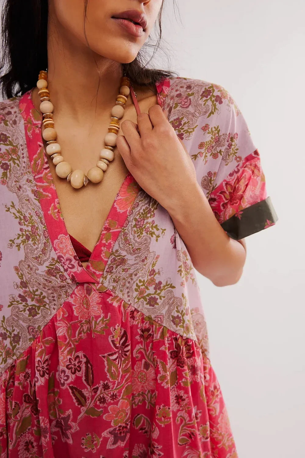 Pleated Oversized V Neck Boho Dress