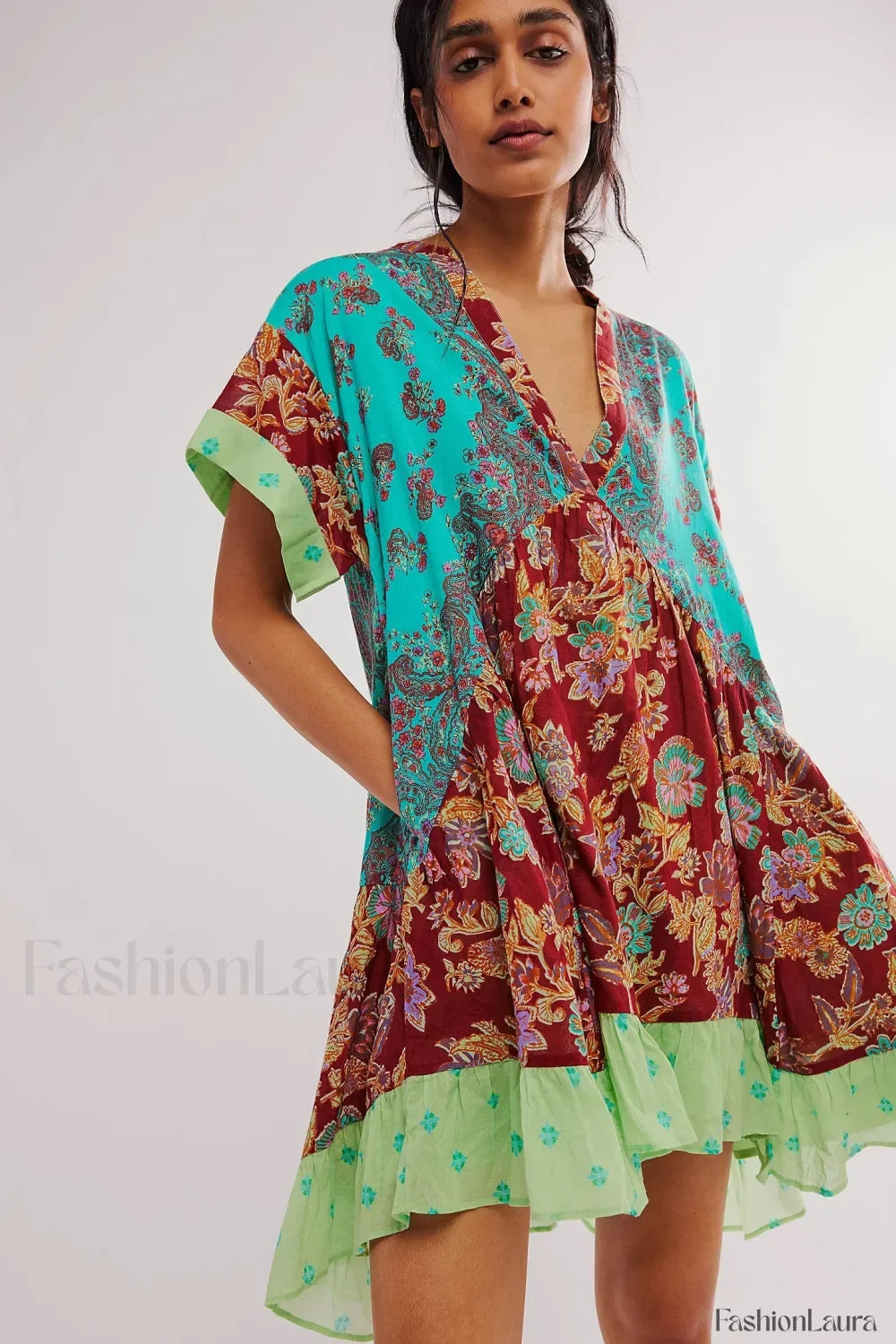 Pleated Oversized V Neck Boho Dress Lake Blue / S